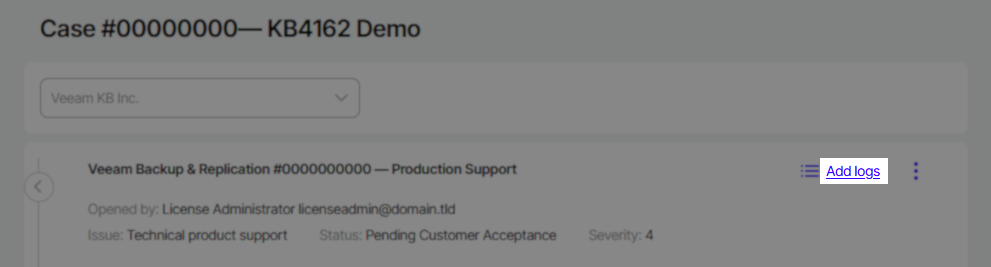 Veeam support case detail page for case #00000000—KB4162 Demo. The "Add logs" link is highlighted on the right, allowing the user to upload log files or additional information to the support case.