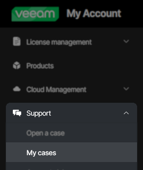 Veeam "My Account" sidebar menu with the "Support" section expanded and the "My cases" option highlighted. Other support options like "Open a case" are also visible above it.