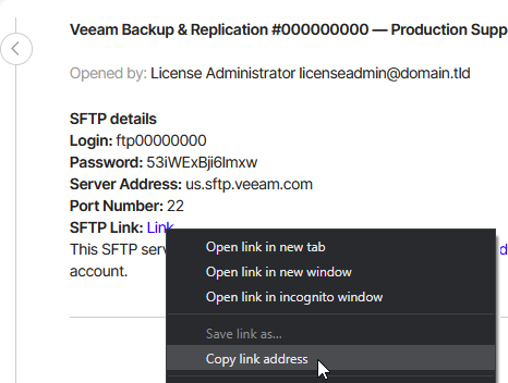 Shown is the context menu which has appeared after right-click on the SFTP Link, the mouse is shown selecting "Copy link address"