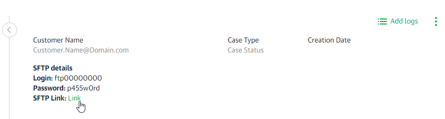 Screenshot showing the case summary page with the mouse hovering over the Link next to the SFTP Link field.