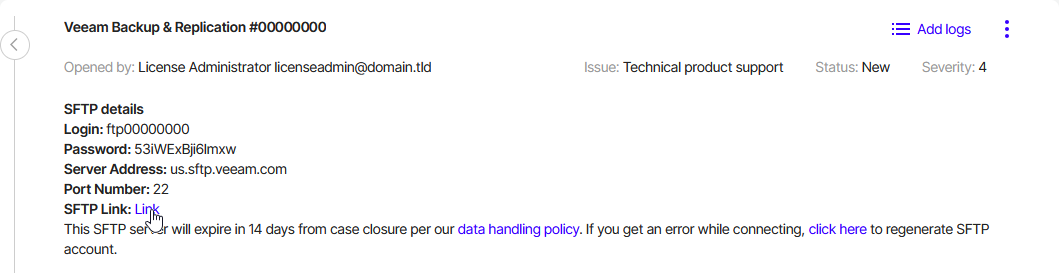 Screenshot showing the case summary page with the mouse hovering over the Link next to the SFTP Link field.