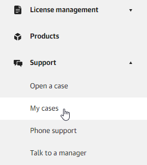 Screenshot displaying the Support section expanded and the mouse selecting the My Cases section.