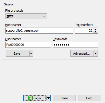 Shown is the WinSCP Login page with the fields populated with the information from the copied SFTP Link information