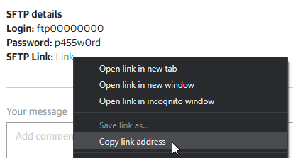 Shown is the context menu which has appeared after right-click on the SFTP Link, the mouse is shown selecting "Copy link address"
