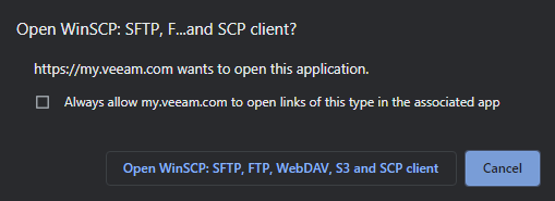 Shown is the chrome popup message asking the user if Chrome should open the SFTP link with WinSCP