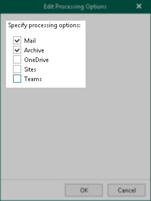 Clear every check box except the Mail and Archive check boxes and click OK.