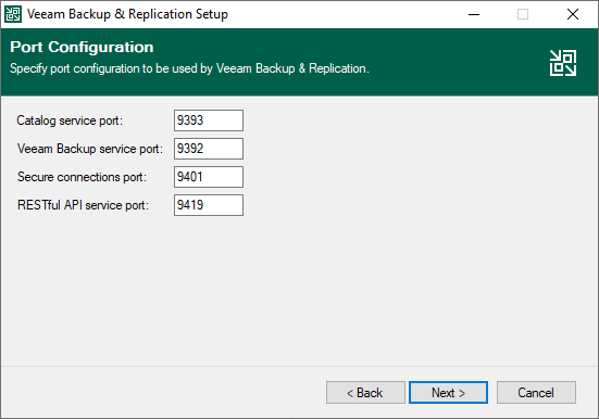Veeam Backup & Replication port config page