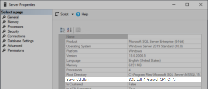 screenshot of sql instance collation