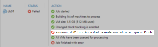 Screenshot of a replication job failing with Error: A specified parameter was not correct: spec.vmProfile