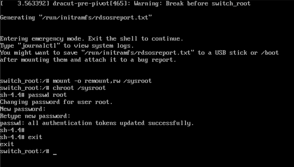 Screenshot showing an example of the preceeding commands to reset the root user password.