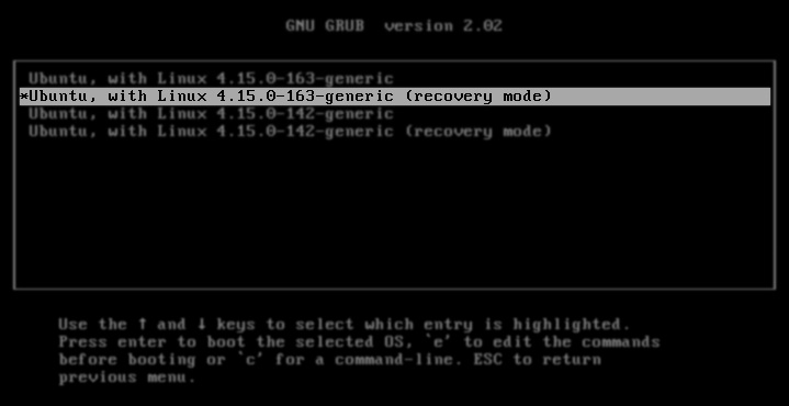 Screenshot showing Recovery Mode in grub boot menu