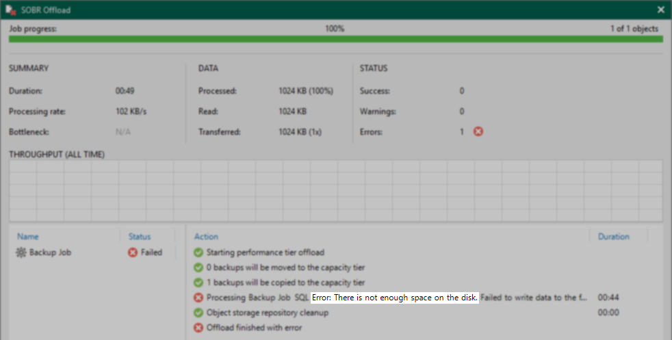 Screenshot of not enough free space error