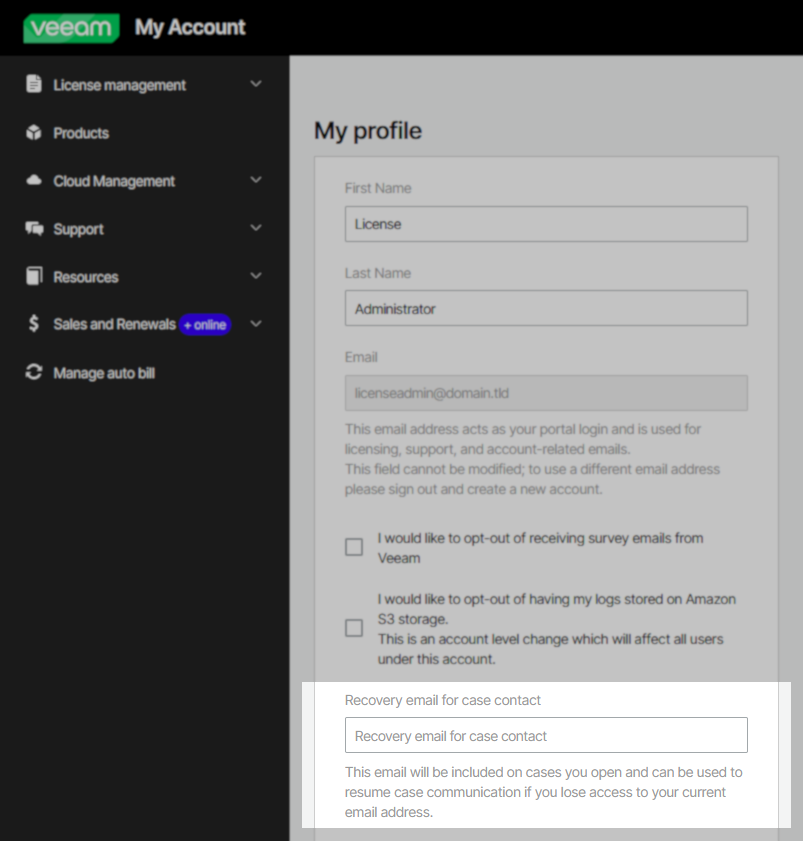 Veeam "My Account" profile page displaying user information fields and a highlighted section for entering a "Recovery email for case contact" with an explanation that it can be used to resume case communication if access to the current email is lost.