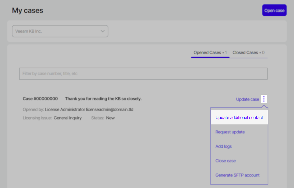  "My cases" page showing a support case summary. The case action menu is open, with the "Update additional contact" option highlighted, allowing the user to change the additional contact email for the case.
