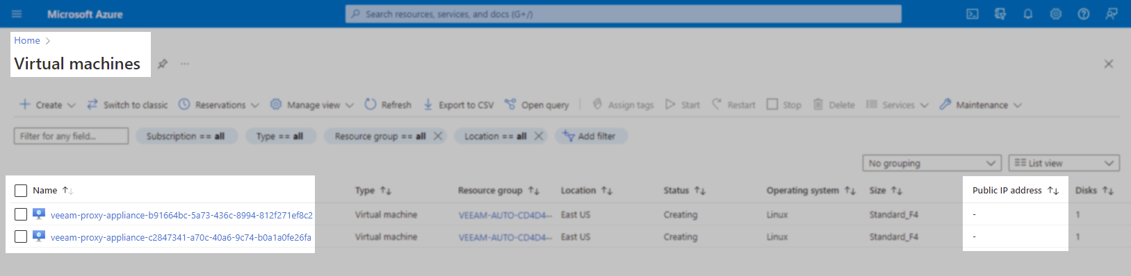 Azure Virtual Machines list