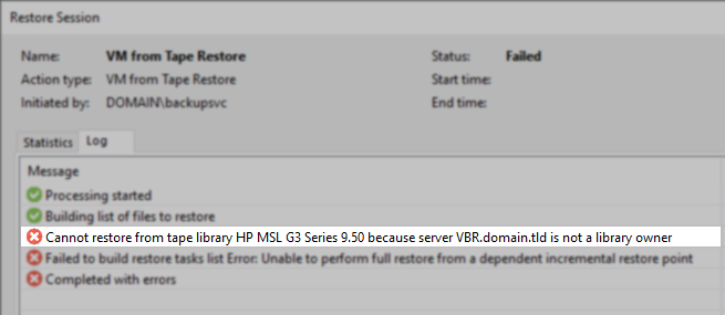 Screenshot of restore job failing with above error