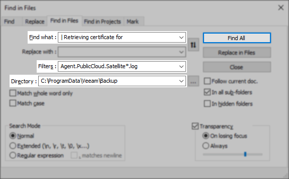 Screenshot of Find in Files tip