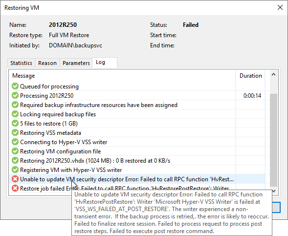 Full VM Restore Fail
