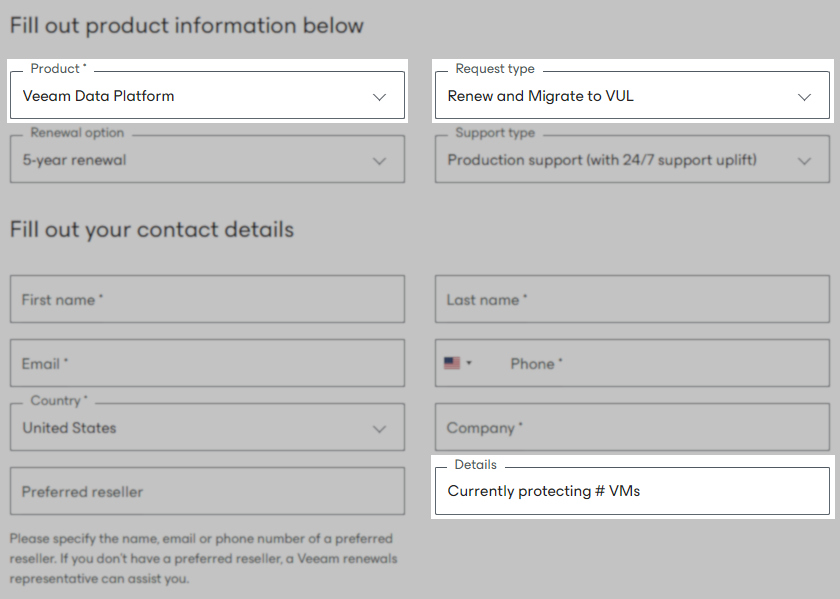 Online renewal form for Veeam products, showing fields for product information, request type, renewal option, support type, and contact details, including name, email, country, company, and a details field for number of VMs protected.