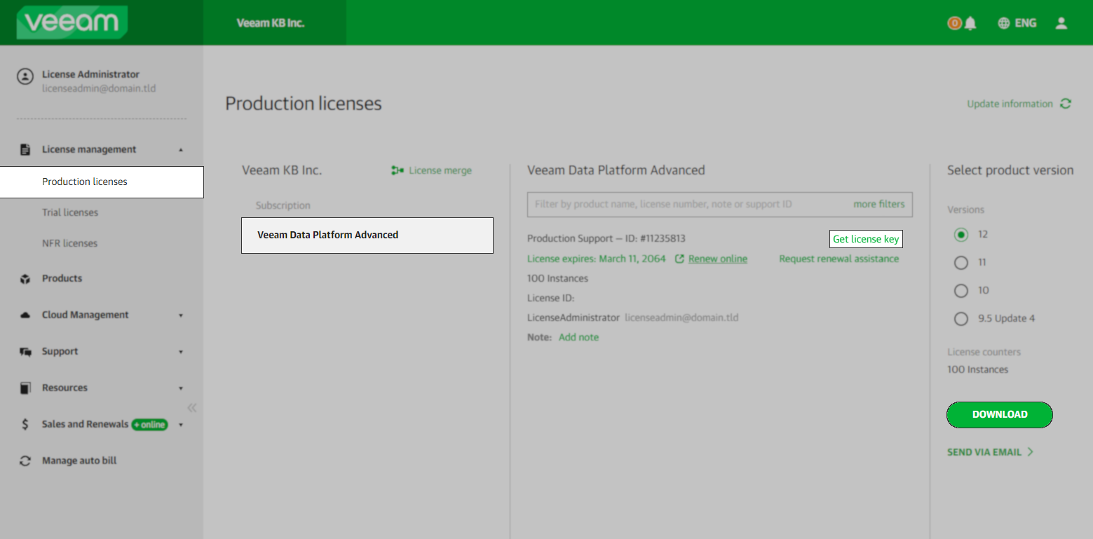 Veeam customer portal showing the "Production licenses" section for Veeam Data Platform Advanced, with options to get the license key, select product version, and a green "Download" button on the right.