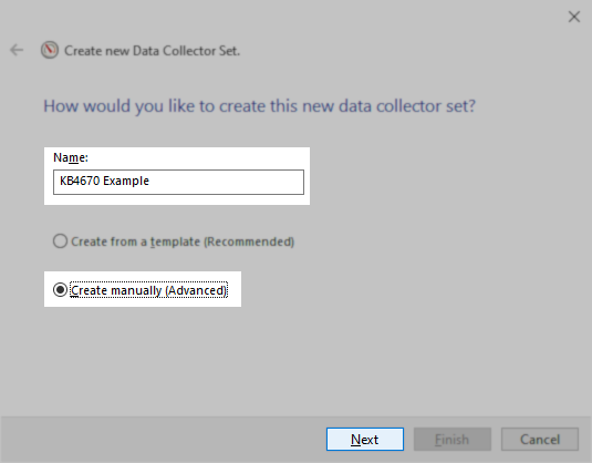 Set name and select manually create