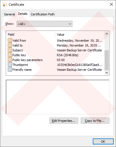 Screenshot of Veeam Backup Server certificate with Basic Constraint field missing with a red faint X over the image to indicate wrong.