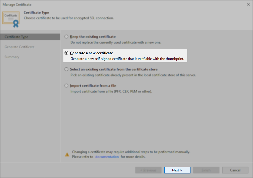 The "Manage Certificate" wizard is open to the "Certificate Type" step. Options are listed for SSL certificate selection: "Keep the existing certificate," "Generate a new certificate" (selected), "Select an existing certificate from the certificate store," and "Import certificate from a file." A description for each choice is provided. The "Next >" button is highlighted at the bottom.