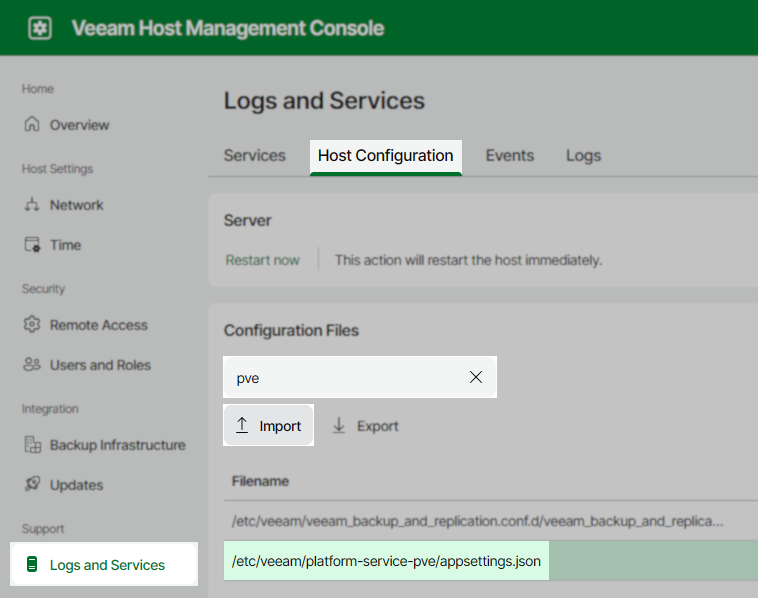 Veeam Host Management Console in "Logs and Services" under "Host Configuration," with "pve" configuration file selected and the "Import" button highlighted. The file path "/etc/veeam/platform-service-pve/appsettings.json" is shown.