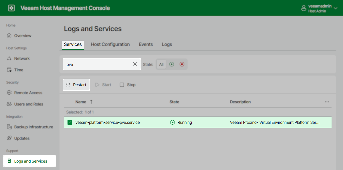Veeam Host Management Console in "Logs and Services" under "Services," showing "veeam-platform-service-pve.service" selected and running, with the "Restart" button highlighted.