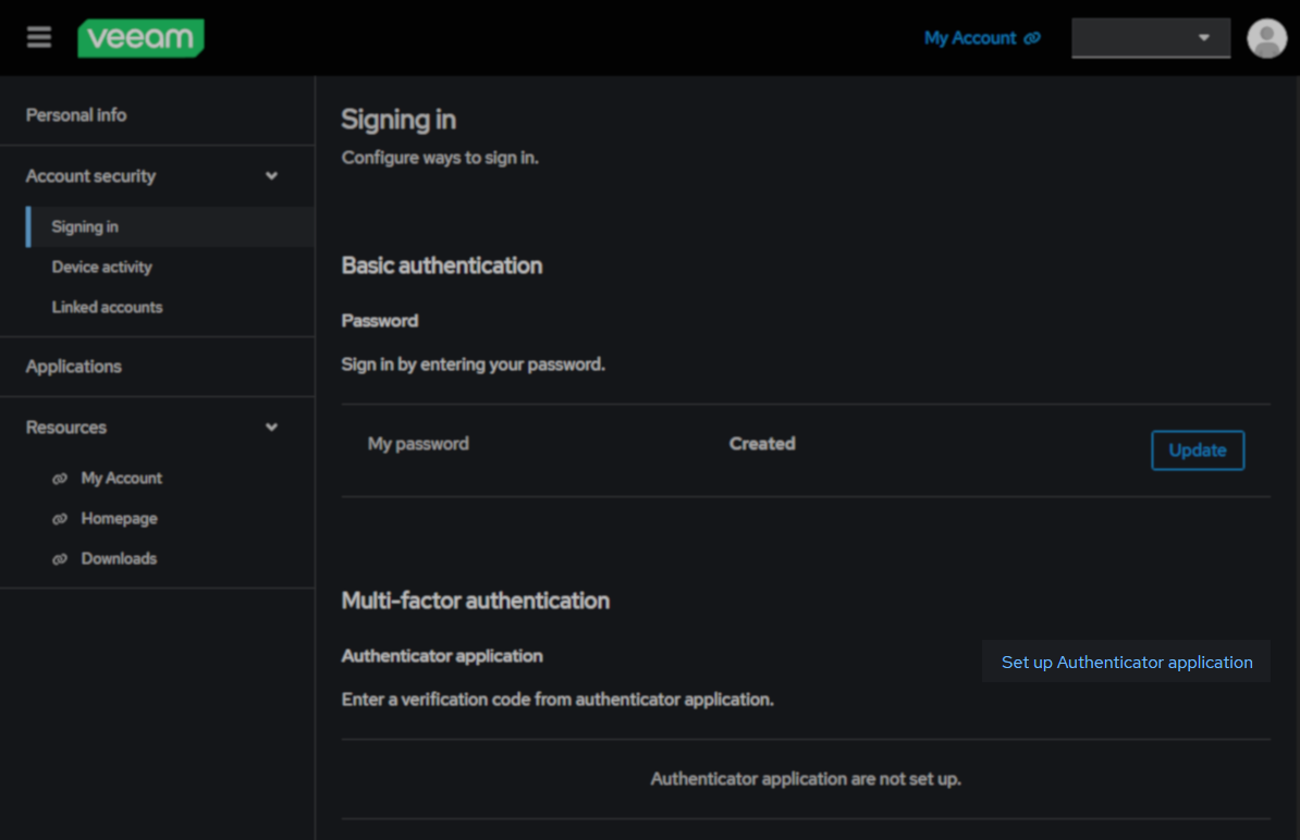 Veeam account security settings page under "Signing in," showing sections for basic authentication and Multi-factor authentication. The Multi-factor authentication section includes a highlighted "Set up authenticator application" link, indicating that the authenticator application is not yet set up.