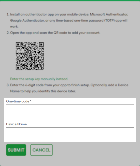 MFA setup screen showing instructions to scan a QR code with authenticator app and enter a one-time code and device name. There are "SUBMIT" and "CANCEL" buttons at the bottom.