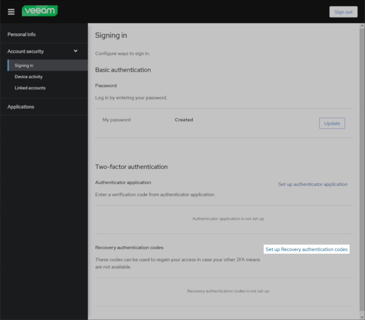 Set up Recovery Code