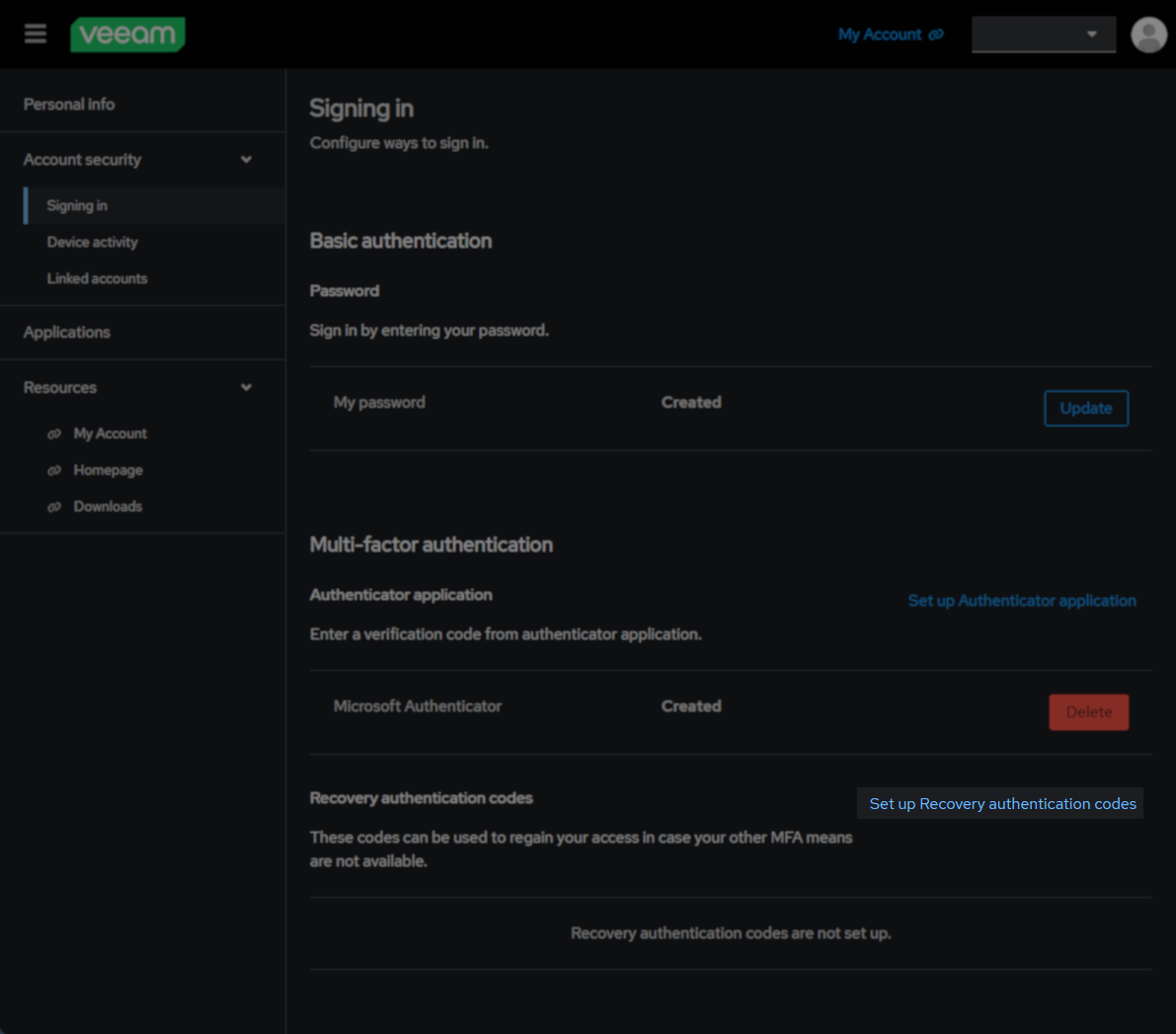 Veeam account security settings page under "Signing in," showing basic authentication and Multi-factor authentication sections. The recovery authentication codes section includes a highlighted link, "Set up Recovery authentication codes," indicating recovery codes are not set up.