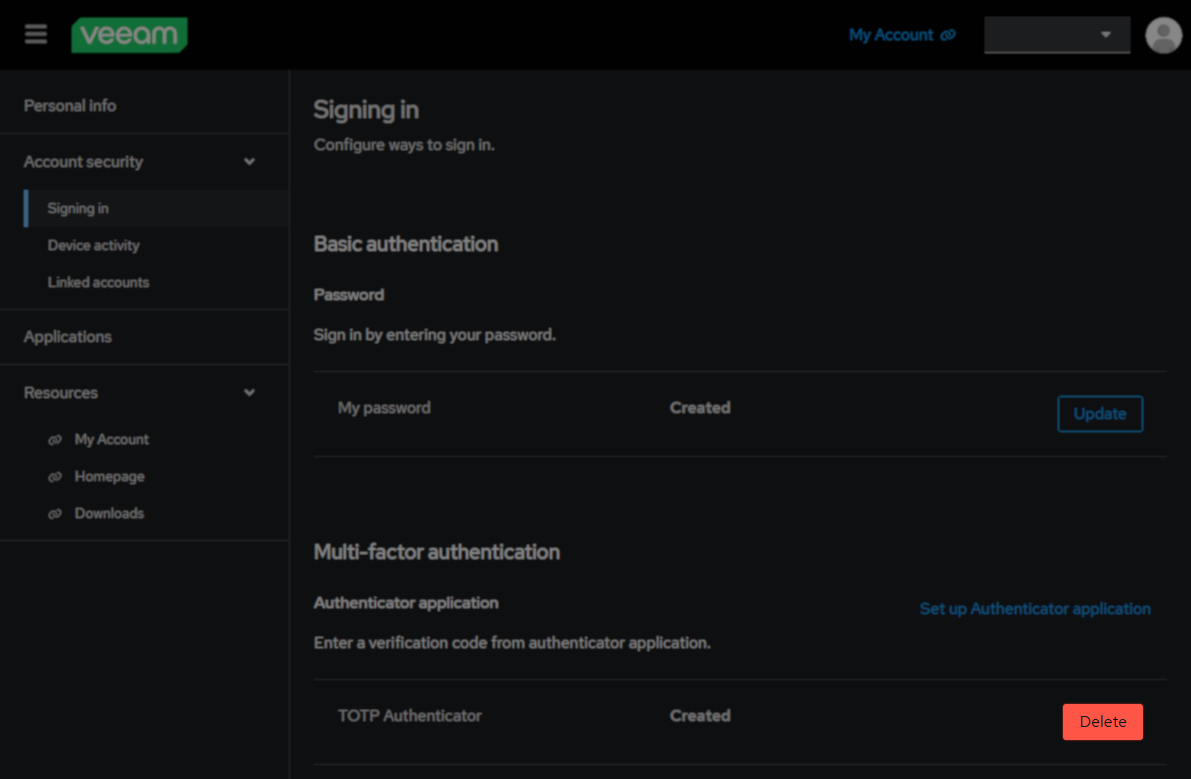 Veeam account security settings page under "Signing in," showing basic authentication and Multi-factor authentication sections. The Multi-factor authentication section indicates an authenticator application is set up, with a red "Delete" button available.