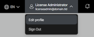 User profile dropdown menu showing the logged-in user as "License Administrator" with the email licenseadmin@domain.tld. The "Edit profile" option is highlighted, and "Sign Out" is also available.