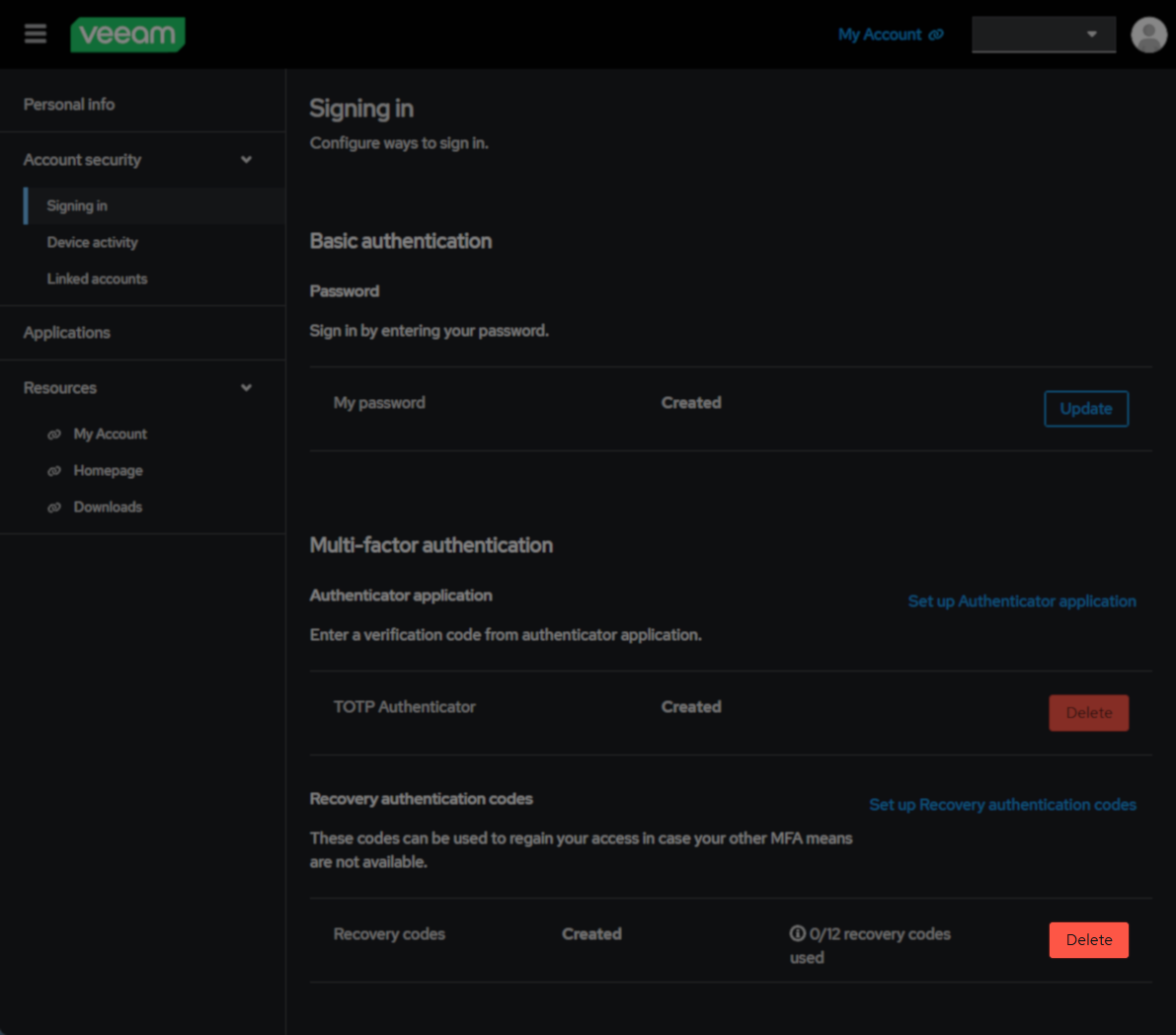 Veeam account security settings page under "Signing in," showing basic authentication and Multi-factor authentication sections. The authenticator application for Multi-factor authentication is set up, with a red "Delete" button displayed.
