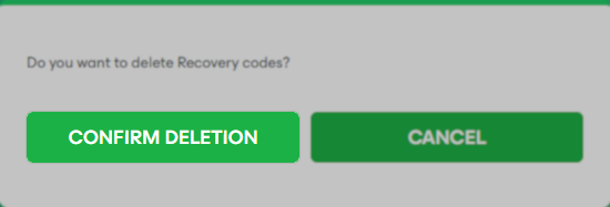 A prompt asking user to confirm deletion of Recovery codes with "Confirm Deletion" highlighted.
