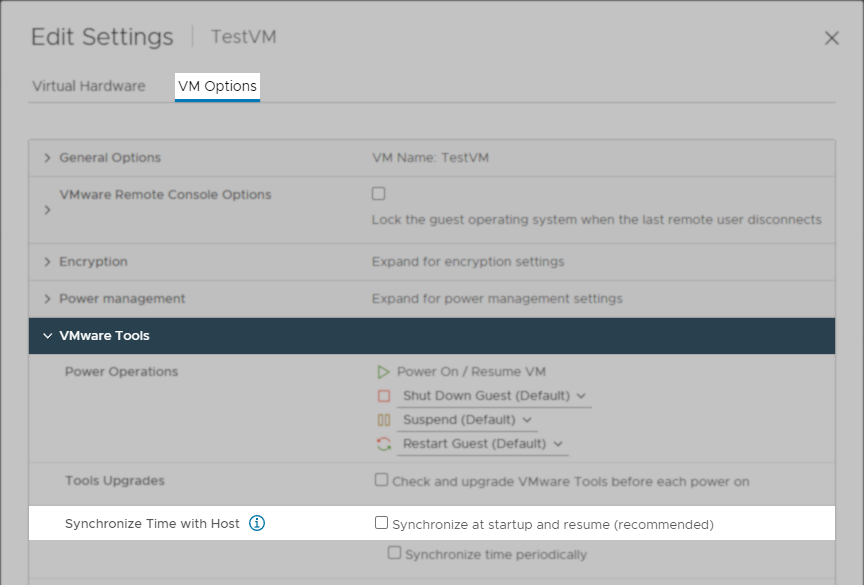 Screenshot of VM's VM Options table with the VMware Tools section expanded and the option for Synchronize at started and resume disabled.