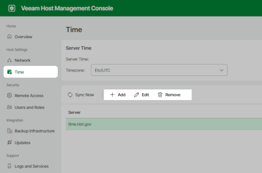 Screenshot of the Veeam Host Management Console with the Time section selected and the options for Add, Edit, and Remove are highlighted to indicate how NTP servers can be modified