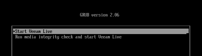 Screenshot of Veeam Live grub boot menu showing "Start Veeam Live" highlighted.
