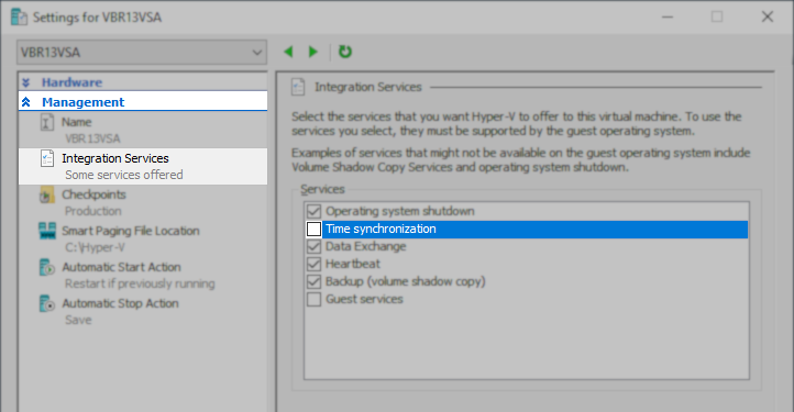 Screenshot of a Hyper-V VM's settings with the Integration Services section selected and the option for "Time syncronization" disabled.
