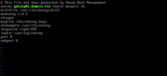 screenshot of a modified version of the /etc/chronyd.conf file with the NTP server set as pdcntp01.domain.tld