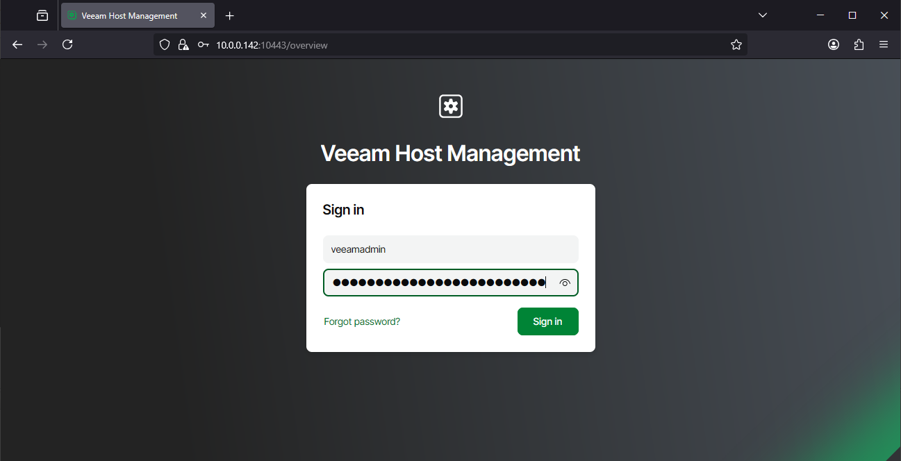 screnshot of Veeam Host Management log in prompt with username veeamadmin