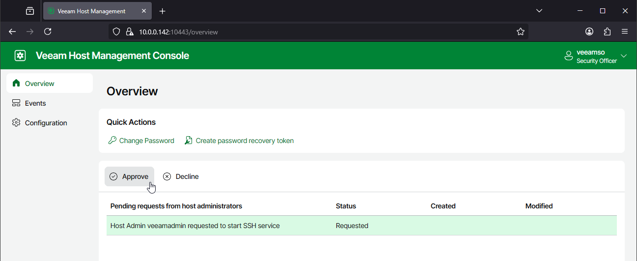 Screenshot of Veeam Host Management Console with the Pending request from host administrators list, the recent SSH service start request is highlighted and a mouse cursor is howevering over the Approve button.