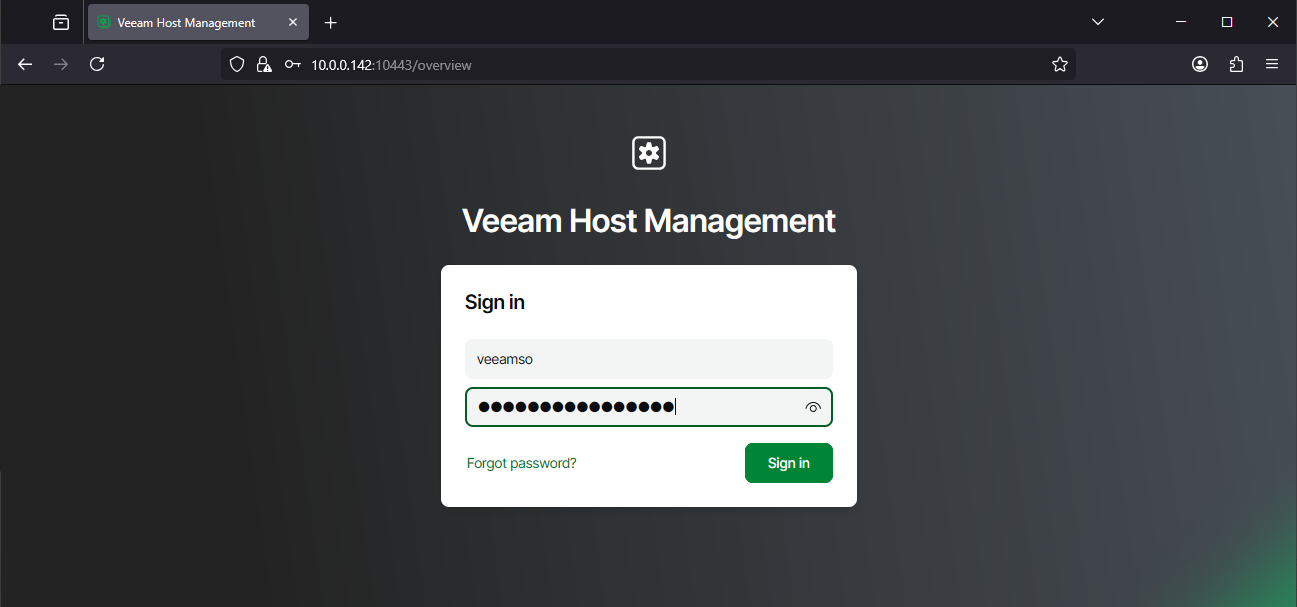 Screenshot of Veeam Host Management login screen showing the veeamso account logging in