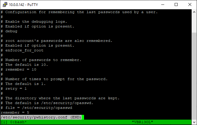 a putty session showing the results of the command 'less /etc/security/pwhistory.conf'