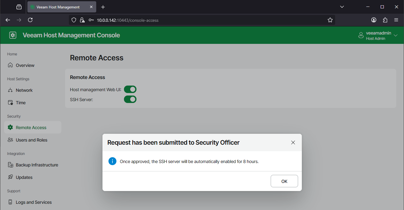 Screenshot showing the pop-up that reads "Request has been submitted to Security Officer" "Once approved, the SSH server will be automatically enabled for 8 hours."