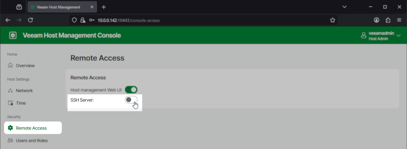 screenshot showing the Veeam Host Management Console's Remote Access section with a mouse cursor however over the toggle to enable SSH Server