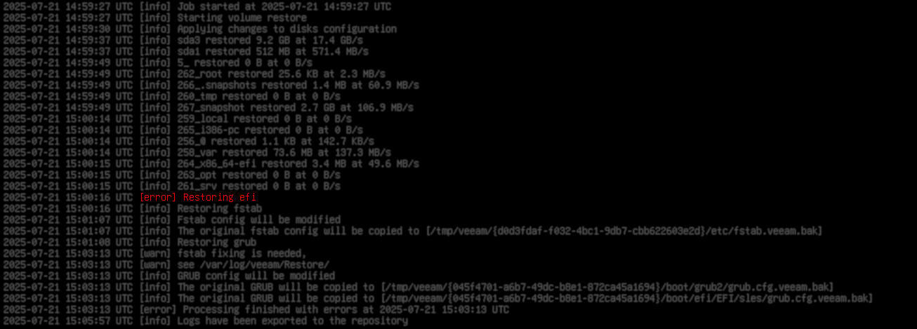 This screnshots shows the restore process including the error message mentioned above.