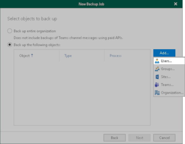 Screnshot showing the backup job creation, showing the Add button clicked and Users... highlighted